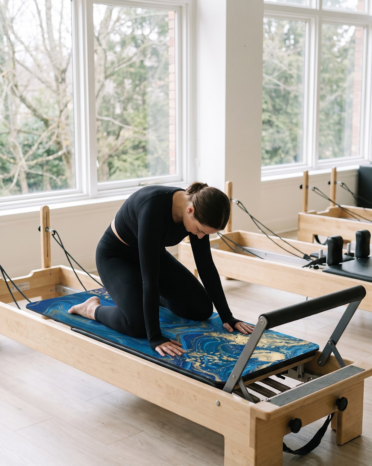 Blue and gold marble reformer Pilates mat laid on a reformer carriage in a studio