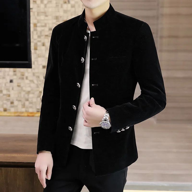 Velvet mandarin jacket in black, metal buttons, worn open