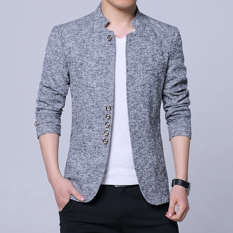 Wool-blend mandarin blazer in grey marl, stand collar, worn open