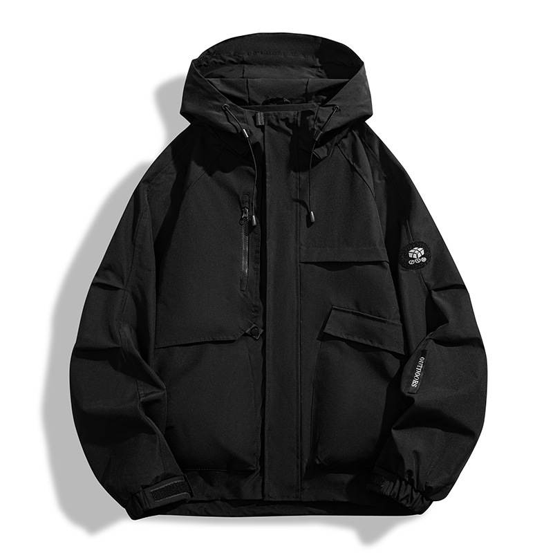 American hard shell in black, hooded, flat lay front view