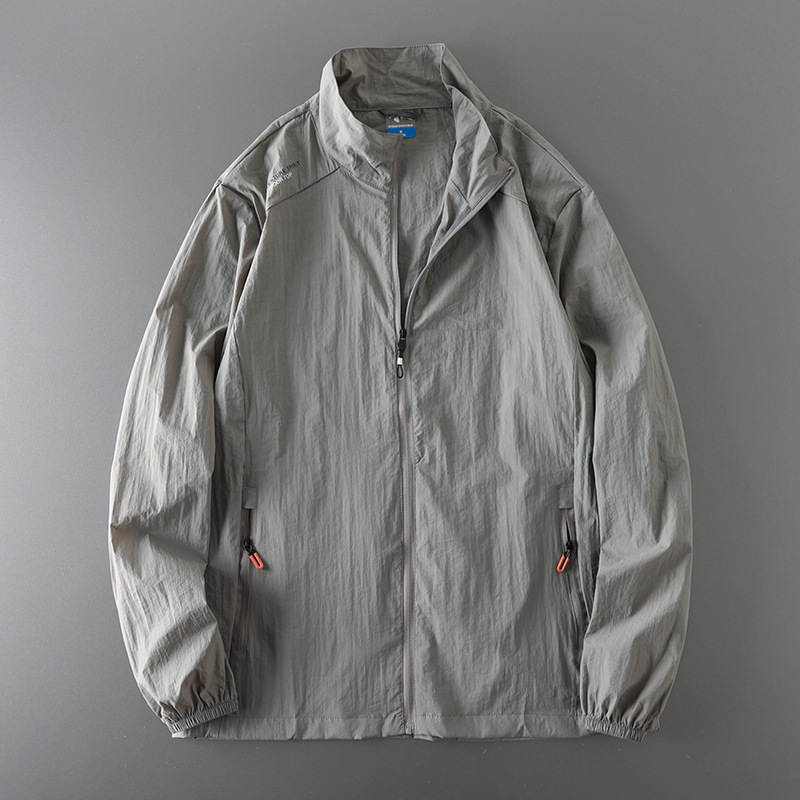 Ice-silk sun shell in stone, stand collar and full zip, flat lay front view