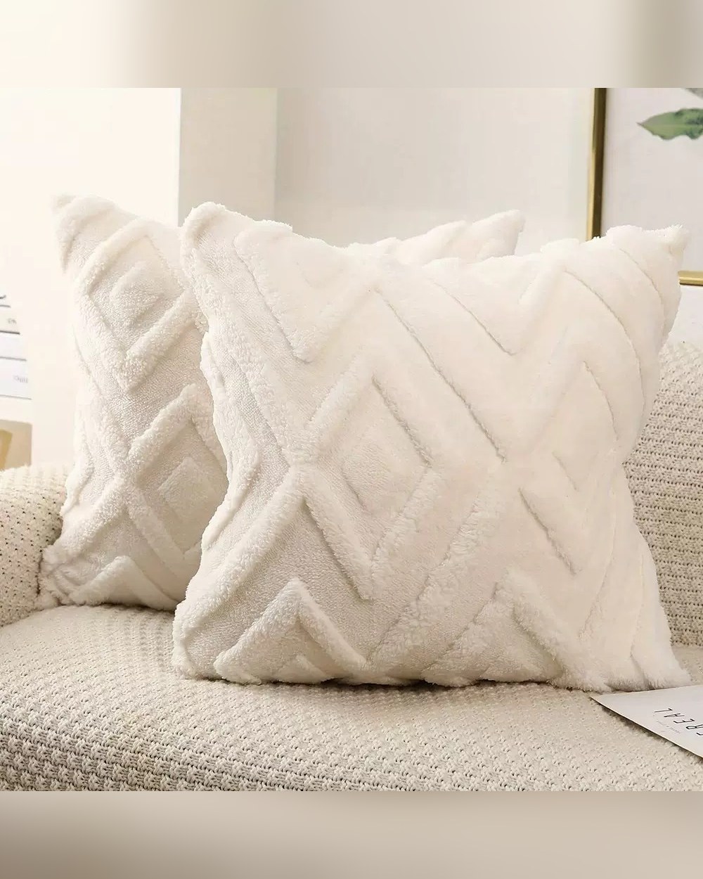 Pair of tufted cushion covers in undyed cream with a raised diamond pattern