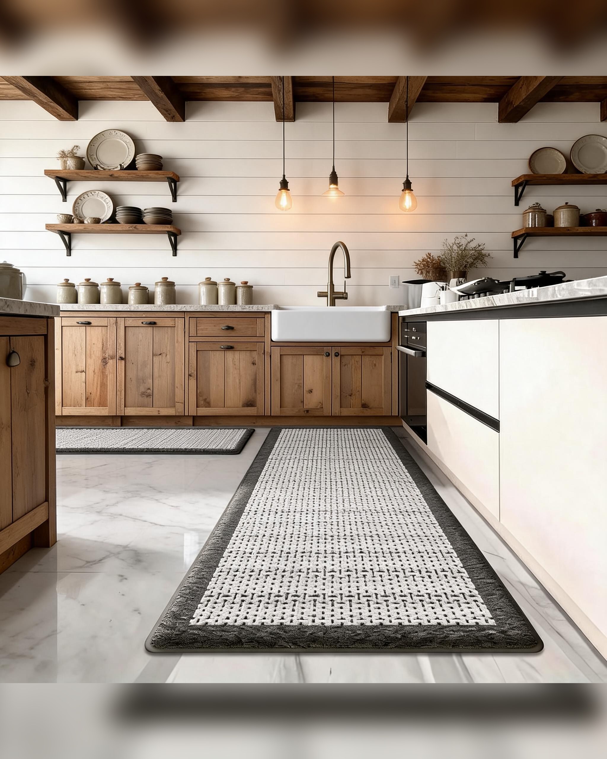 Ash grey patterned kitchen runner laid along a farmhouse kitchen floor